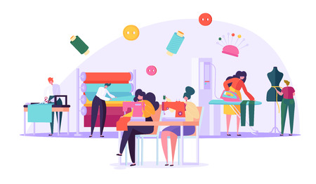 Sewing Clothes Textile Factory Flat Vector Drawing. Seamstress Character Working with Thread Machine in Handmade Fashion Atelier. Cloth Manufacturing Worker Collection Cartoon Illustrationのイラスト素材