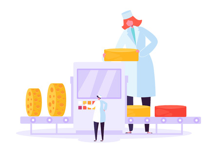 Cheese Packaging Production Factory Line. Milk Food Making Manufacture Wrap Process. Organic Dairy Commercial Pasteurization Machine and Woman Character Concept Flat Cartoon Vector Illustrationのイラスト素材