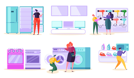 Electronic Retail Store Sale Market Consumer. Customer Purchase TV and Microwave in Technology Supermarket. Man Character Choose Fridge and Washer Product at Tech Mall Flat Cartoon Vector Illustrationのイラスト素材