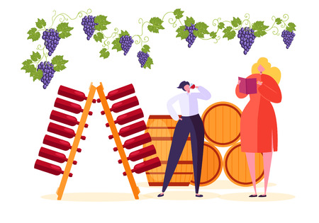 Man Drink Red Wine at Winery Market Store. Sommelier Character Taste French Alcohol Product in Beverage Exhibition. Natural Vineyard Set Flat Cartoon Vector Illustrationのイラスト素材