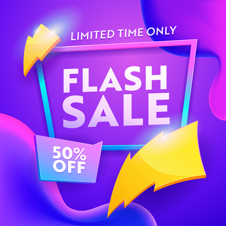Flash Sale Discount Modern Poster. Online Ecommerce Retail Promotion Wholesale Gradient Template. Lightning Sign on Marketing Coupon Badge Banner Design Vector Illustrationのイラスト素材