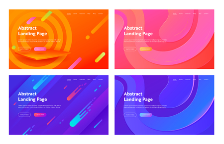 Abstract Minimal Geometric Cover Landing Page Set. Colorful Futuristic Bright Layout for Modern Dynamic Digital Element Concept for Website or Web Page. Flat Cartoon Vector Illustrationのイラスト素材