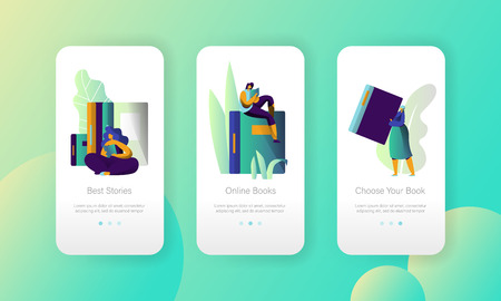 Online Ebook Library Modern University Mobile App Page Onboard Screen Set. Digital Book Reader. Woman Read Book, Elearning Technology Concept for Website or Web Page. Flat Cartoon Vector Illustrationのイラスト素材