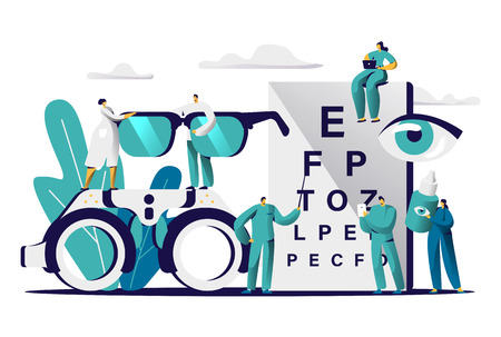 Ophthalmologist Doctor Test Myopia Eye. Male Oculist with Pointer Checkup Optometry for Eyeglasses. Medical Optician Team hold Eyewear, Drop for Treatment Flat Cartoon Vector Illustrationのイラスト素材