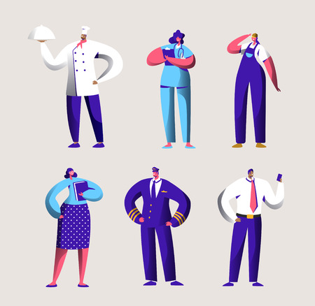 Various Career Worker Set for Labor Day Holiday Banner. People Group in Different Uniform. Chef, Pilot and Doctor Work in Business Job Occupation. Engineer Character Flat Cartoon Vector Illustrationのイラスト素材