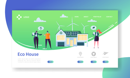 Eco Friendly Renewable Solar and Wind Energy Home Technology Landing Page. Green Electric Power House Concept with Windmill. Real Estate Apartment Website or Web Page. Flat Cartoon Vector Illustrationのイラスト素材
