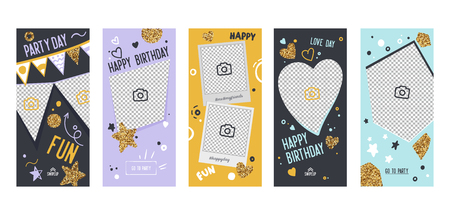 Happy Birthday Banner Mobile App Page Onboard Screen Set. Fun Modern Glitter Heart Star Design. Social Media Background Website or Web Page. Flat Cartoon Vector Illustrationのイラスト素材