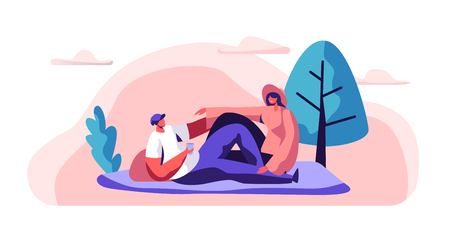 Relaxed Couple on Picnic Man and Woman Lying down on Blanket in City Park. Happy Pair Rest in Urban Garden. Man Hold Glass. Joyful Summer Leisure. Flat Cartoon Vector Illustrationのイラスト素材