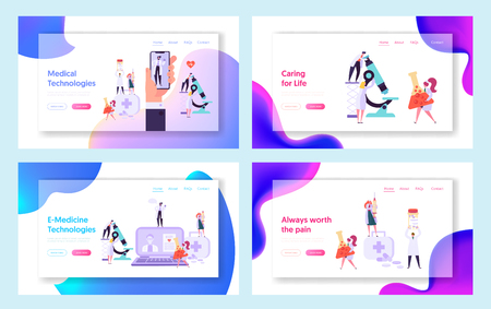 Doctor Character Make Diagnosis Consultation Online Landing Page. Patient E-medical Technology Concept Set. Can Use for Website or Web Page. Medical Service Flat Cartoon Vector Illustrationのイラスト素材