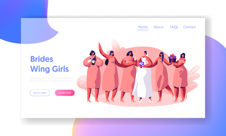 Wedding Event Fiancee and Bridesmaid Celebrate Ceremony Landing Page. Merry Bride Wear White Dress Maid Hold Champagne Bottle and Present Box Website or Web Page. Flat Cartoon Vector Illustrationのイラスト素材