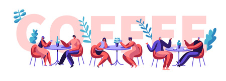 People Drink Coffee Motivation Typography Banner. Man and Woman Talking at Cafe Table on Advertising Flyer. Creative Lunch Concept for Cafeteria Print Poster Flat Cartoon Vector Illustrationのイラスト素材