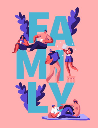 Happy Family Couple Motivation Typography Banner. Man and Woman Character Rest on Greeting Poster. Outdoor Picnic for Vacation. Holiday Together Vertical Leaflet Flat Cartoon Vector Illustrationのイラスト素材