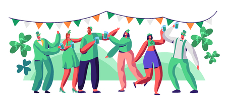 St Patrick Day People Character Drink Beer Celebrate. Happy Man Character in Green Hat have Fun at Irish Festival. Traditional Ireland Carnival Woman Set Flat Cartoon Vector Illustrationのイラスト素材