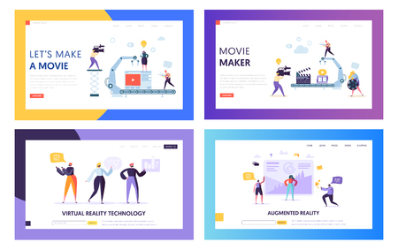 Movie Making Set Concept Landing Page. People Character with Camera Shooting Editing Film in Studio. Virtual Reality Technology Website or Web Page Flat Cartoon Vector Illustrationのイラスト素材