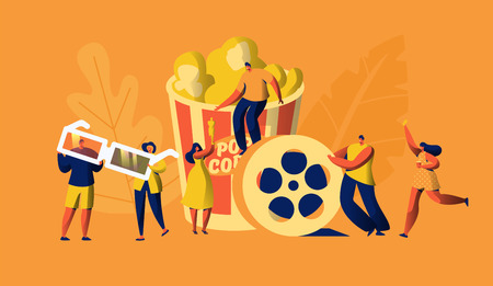 Cinema Movie Time with Popcorn and Drink Weekend. Young People in 3d Glasses. Woman Carry Ticket. Award Cinematography. Element of Film Industry. Flat Cartoon Vector Illustrationのイラスト素材