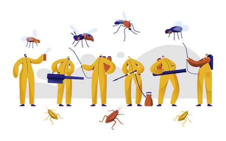 Mosquito Pest Control Professional Character Set. Man in Uniform Fight with Insect with Chemical Insecticide Fogging Spray. Cockroach Toxic Protection Fumigation Flat Cartoon Vector Illustrationのイラスト素材