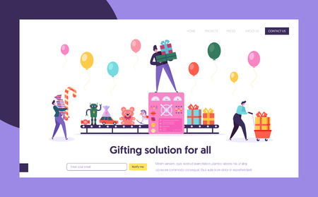 Toy Factory Gift Packing Conveyor Concept Landing Page. People Character Hold Present Box and Candy. Preparation for Holiday Party Website or Web Page. Flat Cartoon Vector Illustrationのイラスト素材