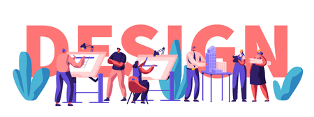 Design Engineering Banner. Character Professional Invent, Analyze and Build House and Business Center or Shop. Develop Building Plan and Make Layout. Flat Cartoon Vector Illustrationのイラスト素材