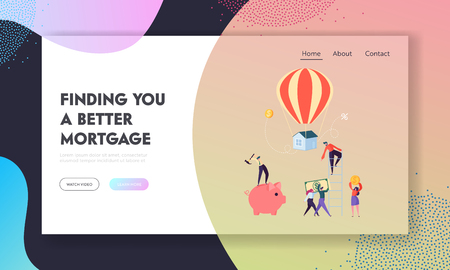 Finding Better Mortgage Landing Page. Borrower Hard Trying Pay on Loan. Character Raise Funds to Buy House or for Purpose Putting Website or Web Page. Flat Cartoon Vector Illustrationのイラスト素材