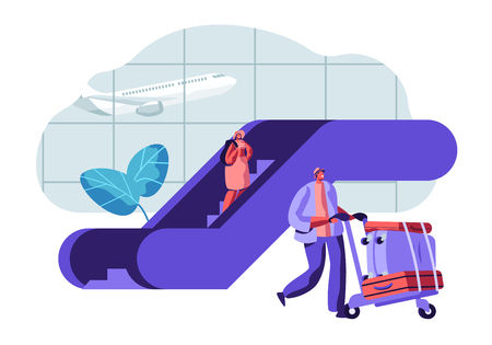 Traveler Passengers Waiting for Departure in Airport. People Characters with Baggage in Airport Terminal and Flying Plane. Vector flat illustrationのイラスト素材
