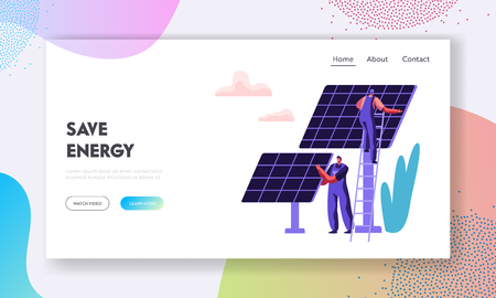 Alternative Clean Energy Concept with Solar Panels and Engineer Character Landing Page Template. Renewable Solar Power Sources Website, Web Page Banner. Vector flat illustrationのイラスト素材