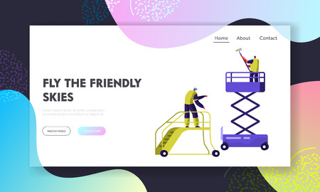 Washer Worker Washing and Wipe on Airport Ladder at Height Landing Page. Cleaning Service Man on Stair. People Cleaner Job. Employee Wash Website or Web Page. Flat Cartoon Vector Illustrationのイラスト素材