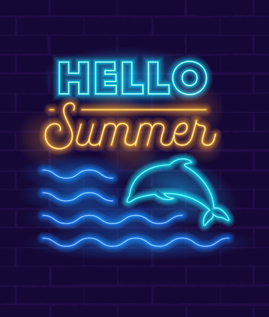 Glowing Neon Sign or Logo for Decoration of Summertime Begin Party with Glowing Dolphin Jumping in Ocean Waves for Club or Bar on Dark Background with Hello Summer Typography. Vector Illustrationのイラスト素材