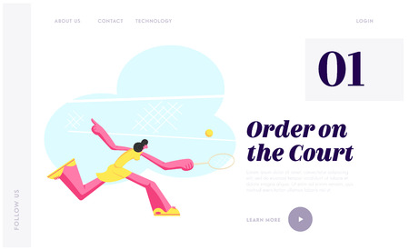 Young Woman Practicing Tennis Game. Sportswoman Character in Motion Trying to Hit Ball with Racket on Court, Girl Tennis Player Website Landing Page, Web Page. Cartoon Flat Vector Illustration, Bannerのイラスト素材