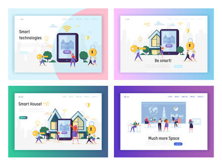 Technologies of Future in Real Human Life. Smart House and Space Investigation Concept, People Using Gadget and Scientific Development. Cartoon Flat Vector Illustration, Set of Landing Page Templatesのイラスト素材
