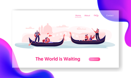 Romantic Tour in Italy. Love in Venice. Happy Loving Couples Floating on Gondolas with Gondoliers Hugging and Making Photo. Website Landing Page, Web Page. Cartoon Flat Vector Illustration, Bannerのイラスト素材