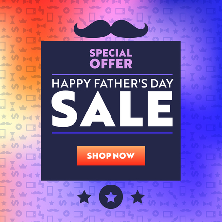 Happy Fathers Day Sale Banner with Abstract Gradient Background, Typography, Mustache and Icon Elements Pattern. Holiday Festive Shopping Off and Discount Poster for Store Offer. Vector Illustrationのイラスト素材