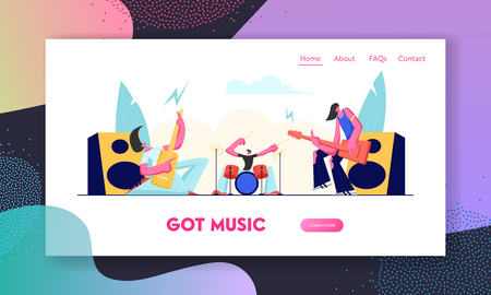 Electric Guitarists and Drummer Performing Music on Stage. Rock Band in Rocking Outfit Playing Guitar and Drums on Concert. Website Landing Page, Web Page. Cartoon Flat Vector Illustration, Bannerのイラスト素材