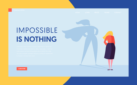 Business Woman with Super Hero Cloak Shadow Silhouette. Female Character Businesswoman Leadership Motivation Concept, Superhero. Website Landing Page, Web Page Cartoon Flat Vector Illustration, Bannerのイラスト素材