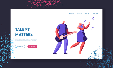 Music Band Duet Performing on Stage. Young Rock Guitar Player Accompany to Singing Girl during Entertainment or Talent Show. Website Landing Page, Web Page Cartoon Flat Vector Illustration, Bannerのイラスト素材