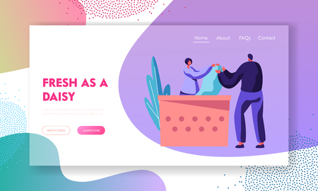 Female Character Laundry Worker Giving to Male Client Bag with Clean Clothes on Reception. Dry Cleaning Service. Laundrette Website Landing Page, Web Page. Cartoon Flat Vector Illustration, Bannerのイラスト素材