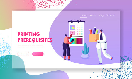 Female Designer Characters Choose Coloring Palette on Screen for Offset Printing in Typography, Advertising Agency, Polygraphy. Website Landing Page, Web Page. Cartoon Flat Vector Illustration, Bannerのイラスト素材