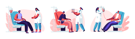 Volunteers Male Characters Sitting in Medical Hospital Chairs Donating Blood. Doctor Woman Nurse Take it in Test Flasks, Donation, World Blood Donor Day, Health Care. Cartoon Flat Vector Illustrationのイラスト素材