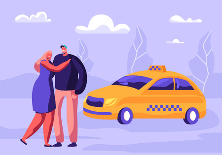 Young Hugging Couple Waiting Taxi Car on Street with Suburb Background. Transportation Service, Passenger Delivery, Destination. Yellow Taxi Cab Waiting Clients. Cartoon Flat Vector Illustrationのイラスト素材