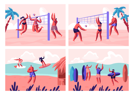 Beach Volleyball and Surfing Set. People Playing with Ball on Seaside and Surf Boards on Sea Waves. Sports Activity on Summer Time Vacation Leisure, Recreation, Sport. Cartoon Flat Vector Illustrationのイラスト素材