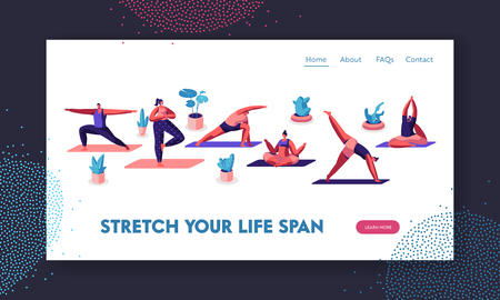 Characters Doing Yoga Practice in Different Poses. Sports Activity, Exercise, Fitness, Stretching, Healthy Lifestyle, Leisure. Website Landing Page, Web Page. Cartoon Flat Vector Illustration, Bannerのイラスト素材