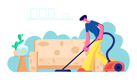 Householder Vacuuming Home with Vacuum Cleaner in Living Room. Young Man Doing Domestic Work, Cleaning Floor Carpet under Sofa. Every Day Routine, Weekend Chores, Cartoon Flat Vector Illustrationのイラスト素材