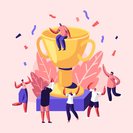Cheerful People Laughing with Hands Up around of Huge Gold Cup with Man Sitting on Top. Employees Rejoice for New Project, Success, Win. Joyful Colleagues Celebrating. Cartoon Flat Vector Illustrationのイラスト素材