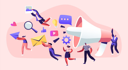 Marketing Team Work with Huge Megaphone, Alert Advertising, Propaganda, Speech Bubbles and Social Media Icons. Public Relations and Affairs, Communication, Pr Agency Cartoon Flat Vector Illustrationのイラスト素材