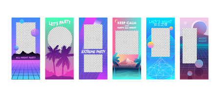 Summer Vacation Editable Templates Set in Vaporwave Style. Modern Unique Cyberpank Design Backgrounds for Social Media Stories Banners and Digital Marketing Advertising Promotion, Vector Illustration.のイラスト素材