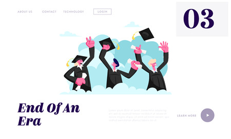 Alumnus Graduating University or College. Cheerful People In Academical Cap and Gown with Diploma Certificate in Hands Graduate Website Landing Page, Web Page. Cartoon Flat Vector Illustration, Bannerのイラスト素材