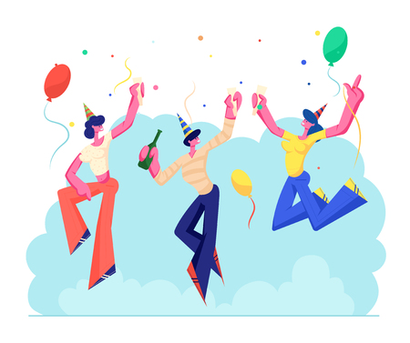 Birthday Party. Group of Cheerful People in Festive Hats with Wine Bottle and Glasses in Hands Celebrating Holiday on Colorful Background with Balloons and Confetti. Cartoon Flat Vector Illustrationのイラスト素材