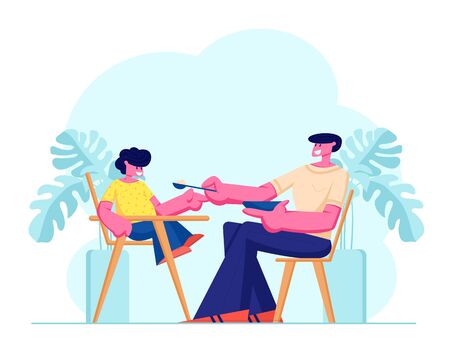 Dad Feed Son with Spoon, Boy Sit in Special High Baby Chair. Father Engaged in Raising Child. Little Boy Having Breakfast with Daddy, Happy Family Spend Time Together. Cartoon Flat Vector Illustrationのイラスト素材