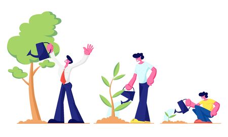 Life Cycle, Time Line and Growth Metaphor, Grow Stages of Tree from Seed to Large Plant, Baby, Little Boy, Young Teenager and Adult Man Watering Plants in Garden. Cartoon Flat Vector Illustrationのイラスト素材