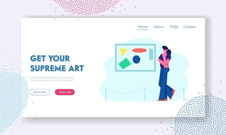 Girl Viewing Modern Abstract Painting at Contemporary Art Gallery Enjoying Watching Creative Exhibits in Museum. Exhibition Website Landing Page, Web Page. Cartoon Flat Vector Illustration, Bannerのイラスト素材