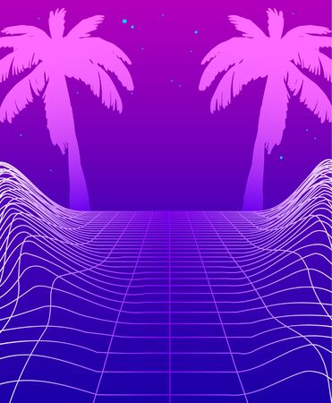 Synthwave Banner with Neon Glowing Grid, Futuristic Background with Palm Trees. Club Party Poster Template Cyberpunk Flyer Design. Retro Futurism Funky Decoration, Game Environment Vector Illustrationのイラスト素材
